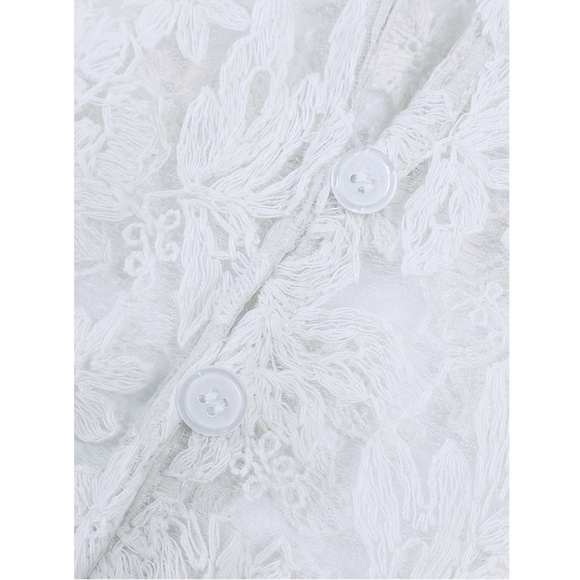 Guipure Lace on Mesh White V-Neck Floral Pattern Button Down Shirt Sheer - Picture 8 of 11